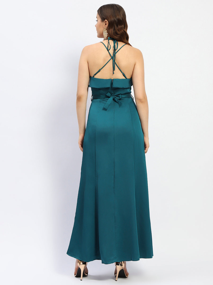 Madame Halter Neck Metal Accented Belt Teal Maxi Dress