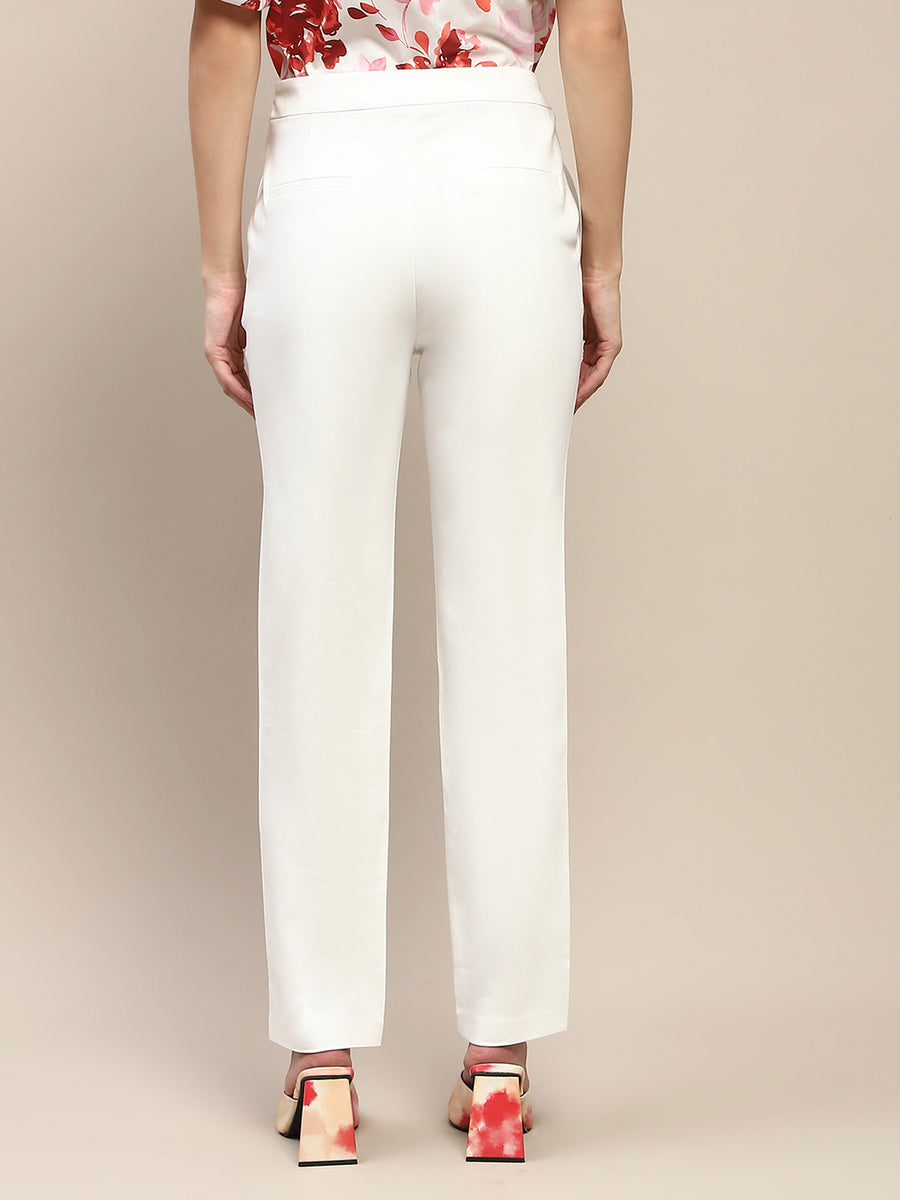 Madame Solid Side Zipper And Pocketed White Trousers