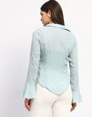 Madame Solid Sky Blue Ruffle Neck Bell Sleeve Top