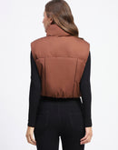 Madame High Neck Sleeveless Brown Crop Puffer Jacket