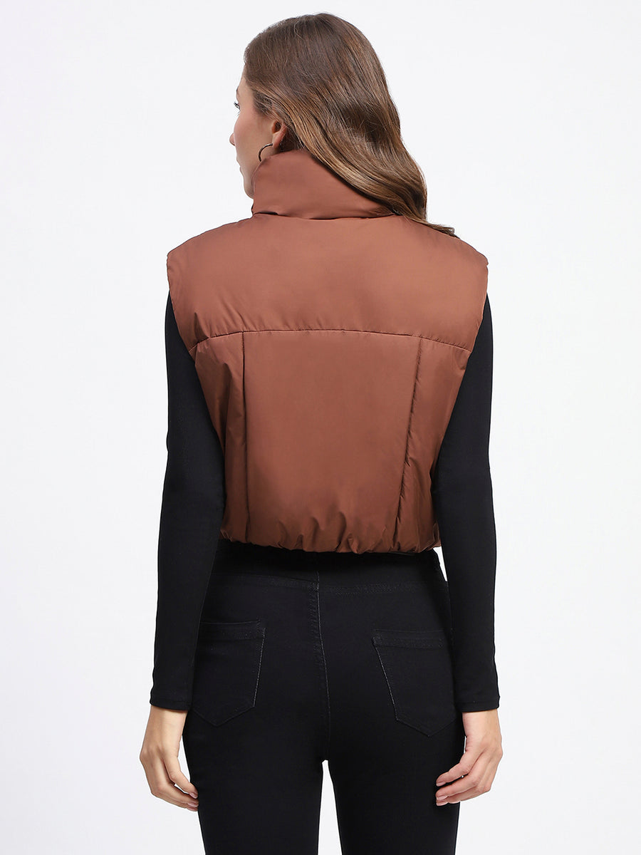 Madame High Neck Sleeveless Brown Crop Puffer Jacket