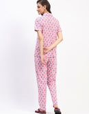 mSECRET Pink Button-Down Night Suit Set with Blue Floral Print