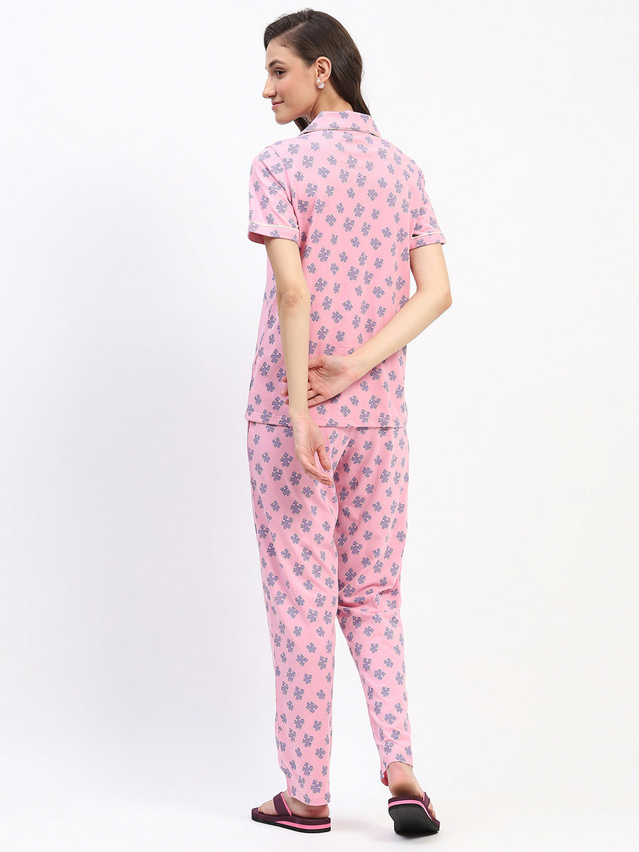 mSECRET Pink Button-Down Night Suit Set with Blue Floral Print