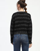 Madame Black Striped Cropped Sweater with Sparkle Detailing