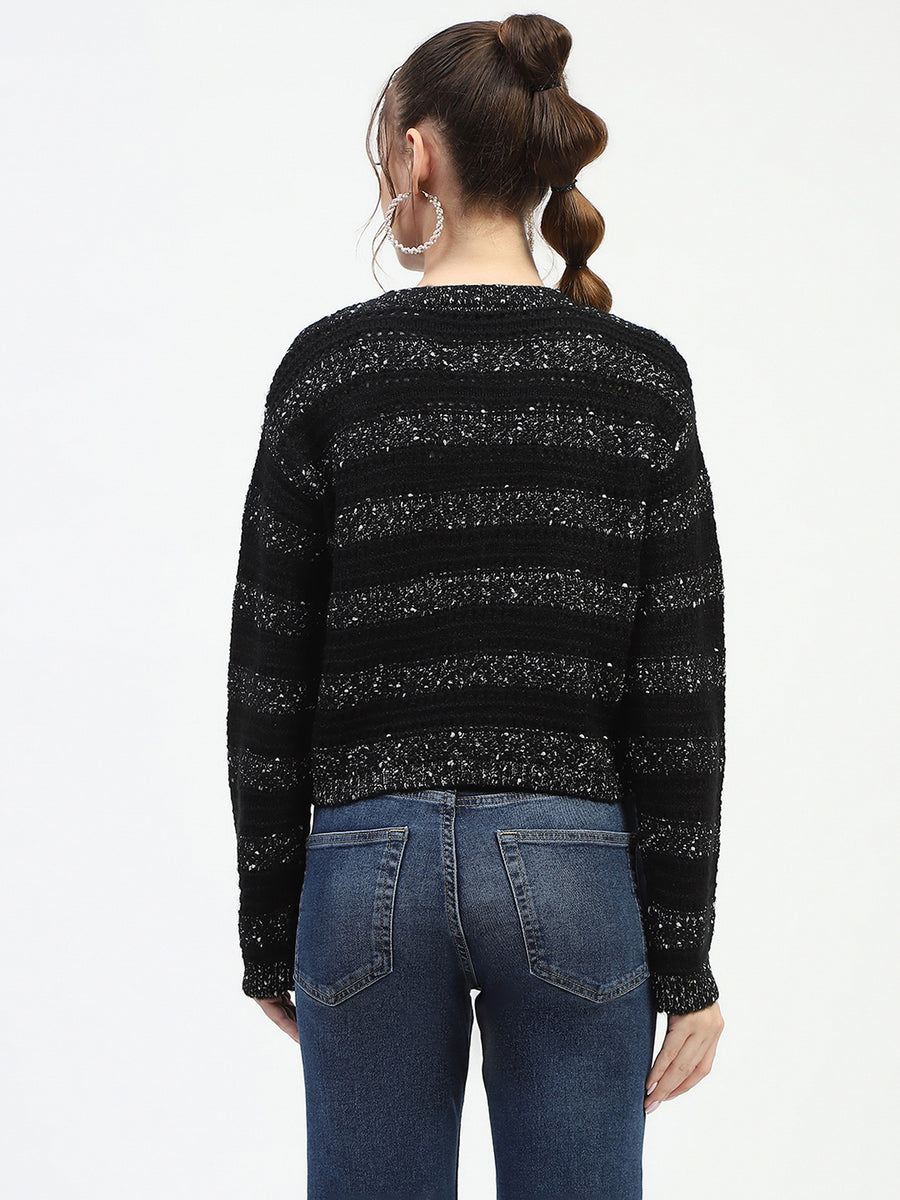 Madame Black Striped Cropped Sweater with Sparkle Detailing