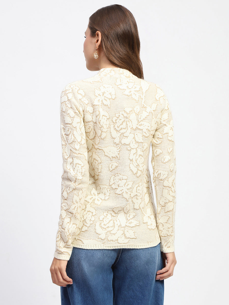 Madame Mock Neck Textured Beige Cardigan