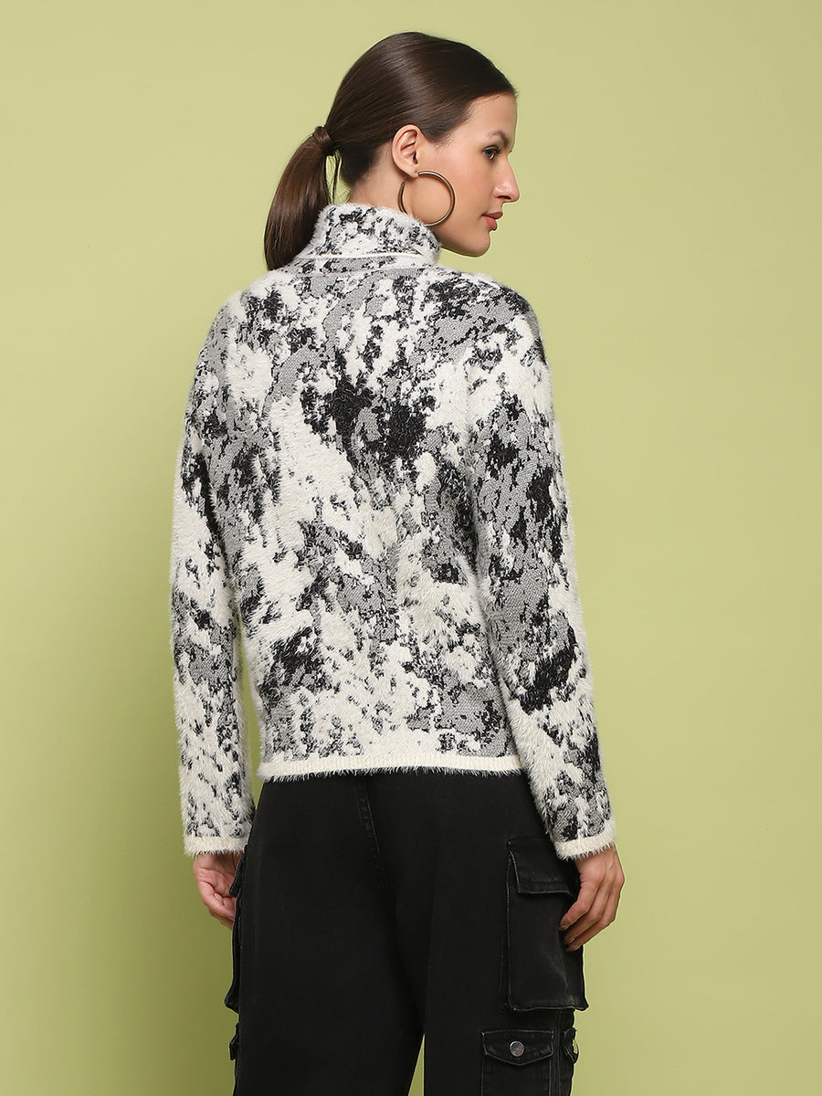 Madame Abstract Print Mock Neck Off White Sweater