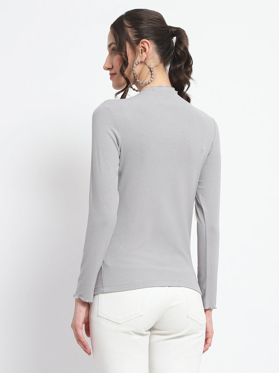 Madame High Neck Full Sleeve Solid Grey Top