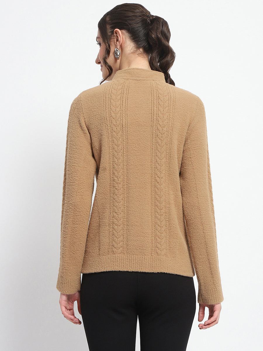 Madame Button Down Cable Knit Solid Khaki Cardigan