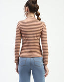 Madame Mock Neck Striped Button Detailed Sleeve Brown Top