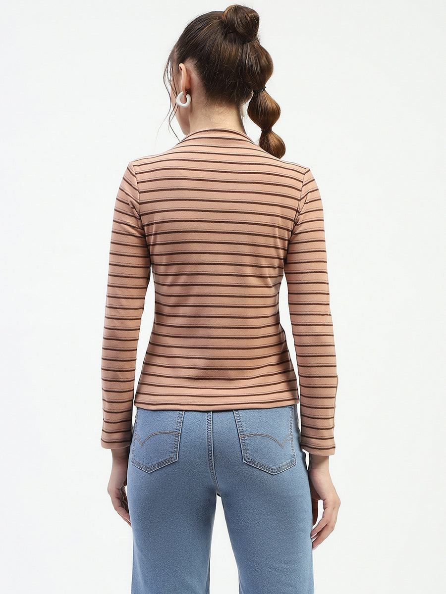 Madame Mock Neck Striped Button Detailed Sleeve Brown Top