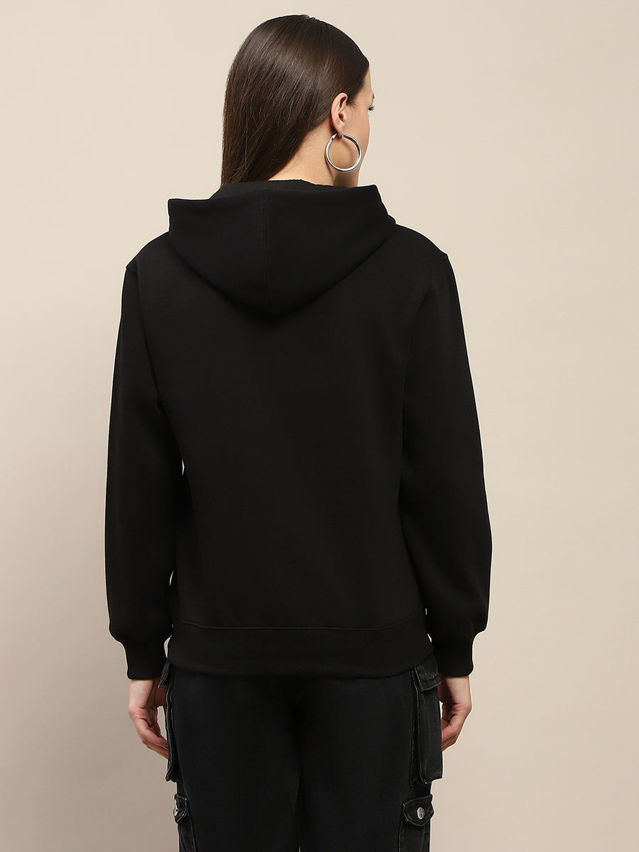 Madame Fleece Placement Print Black Hooded Sweatshirt