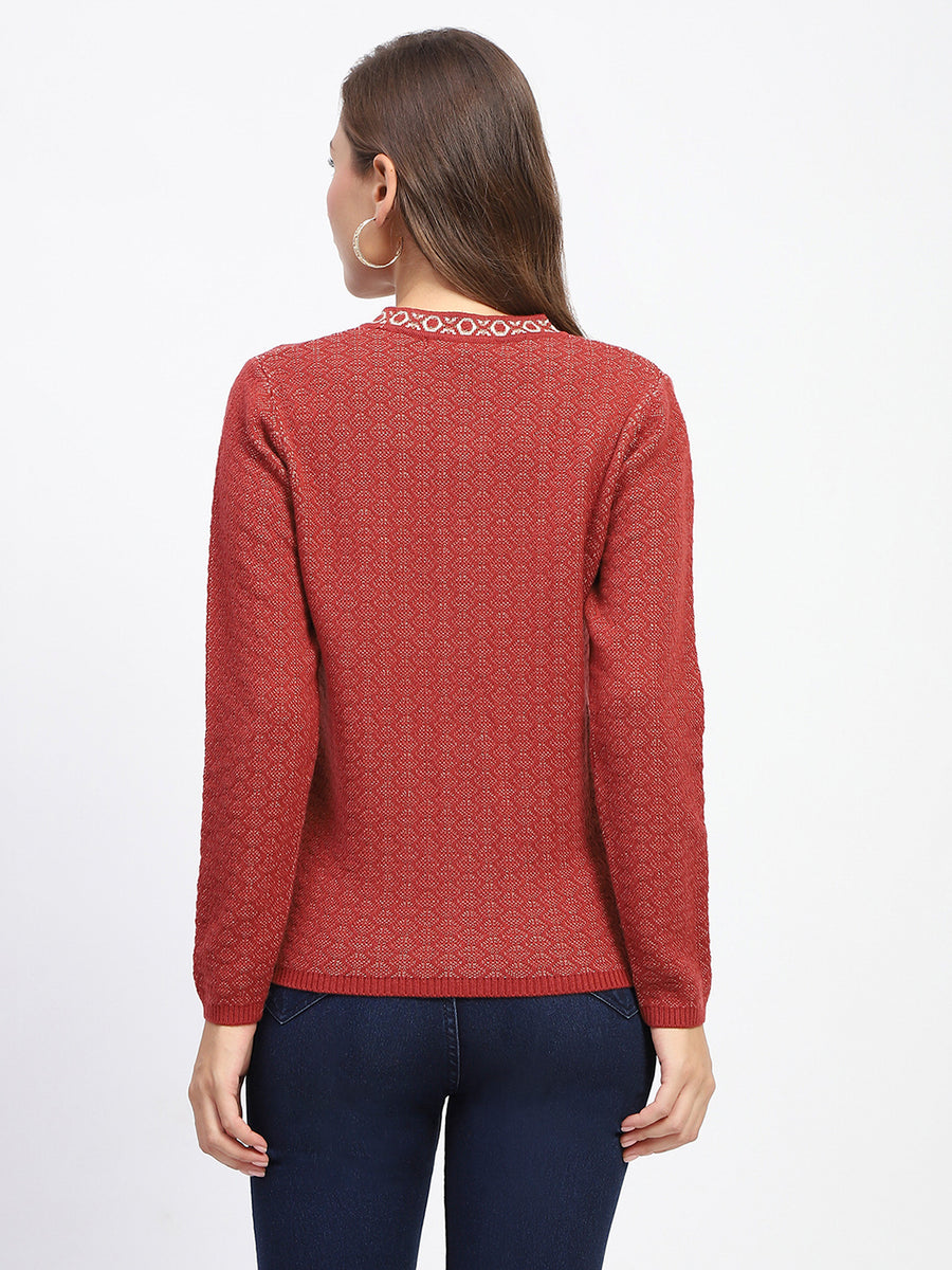 Madame Geometric Pattern V Neck Rust Cardigan