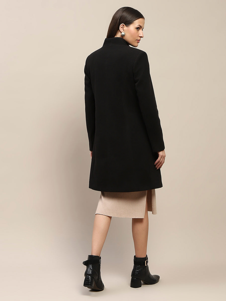 Madame Melange Side Inseam Pocketed Black Long Coat