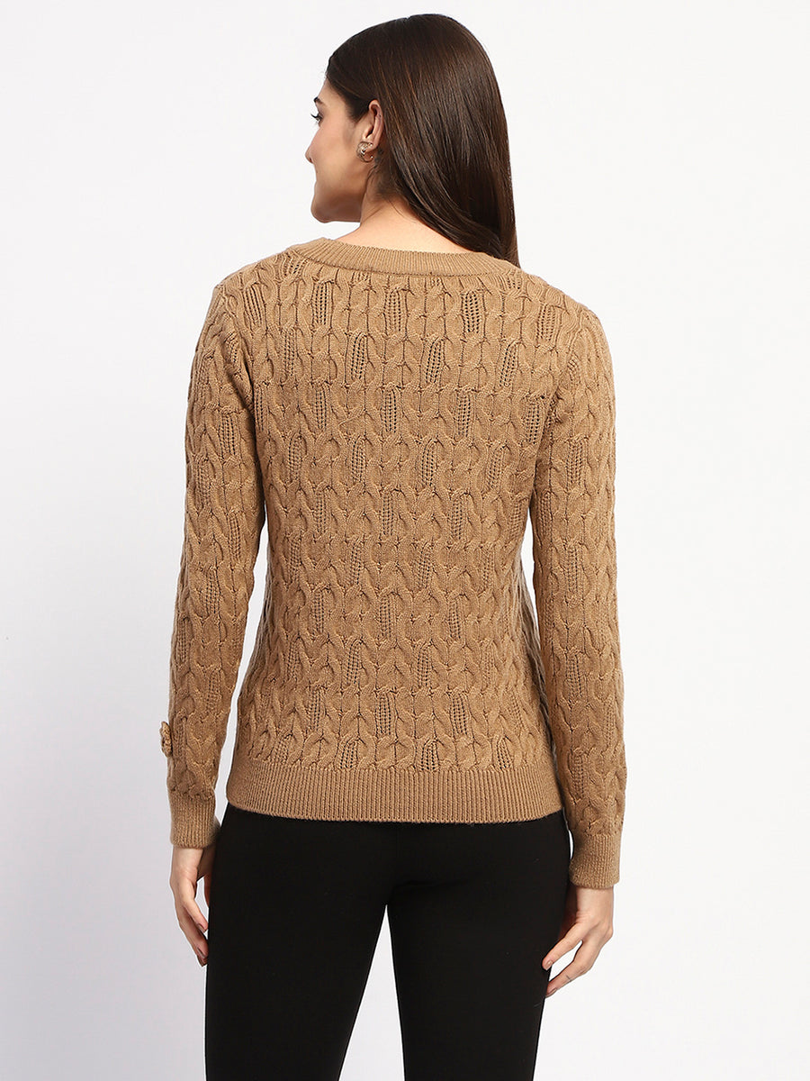 Madame Cable Knit Applique Flower Khaki Sweater