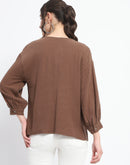 Madame Solid Chocolate Brown Embroidery Detailed Cotton Top