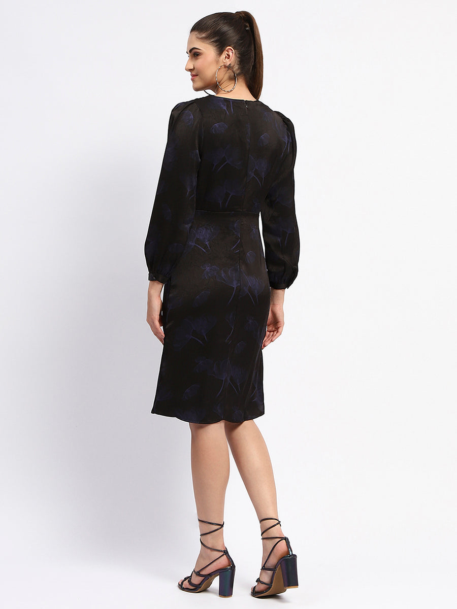 Madame Abstract Print Surplice Neck Black Midi Dress