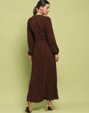 Madame Pleated Front Buckle Detailed Solid Chocolate Maxi Dress