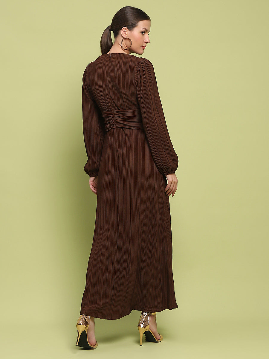 Madame Pleated Front Buckle Detailed Solid Chocolate Maxi Dress