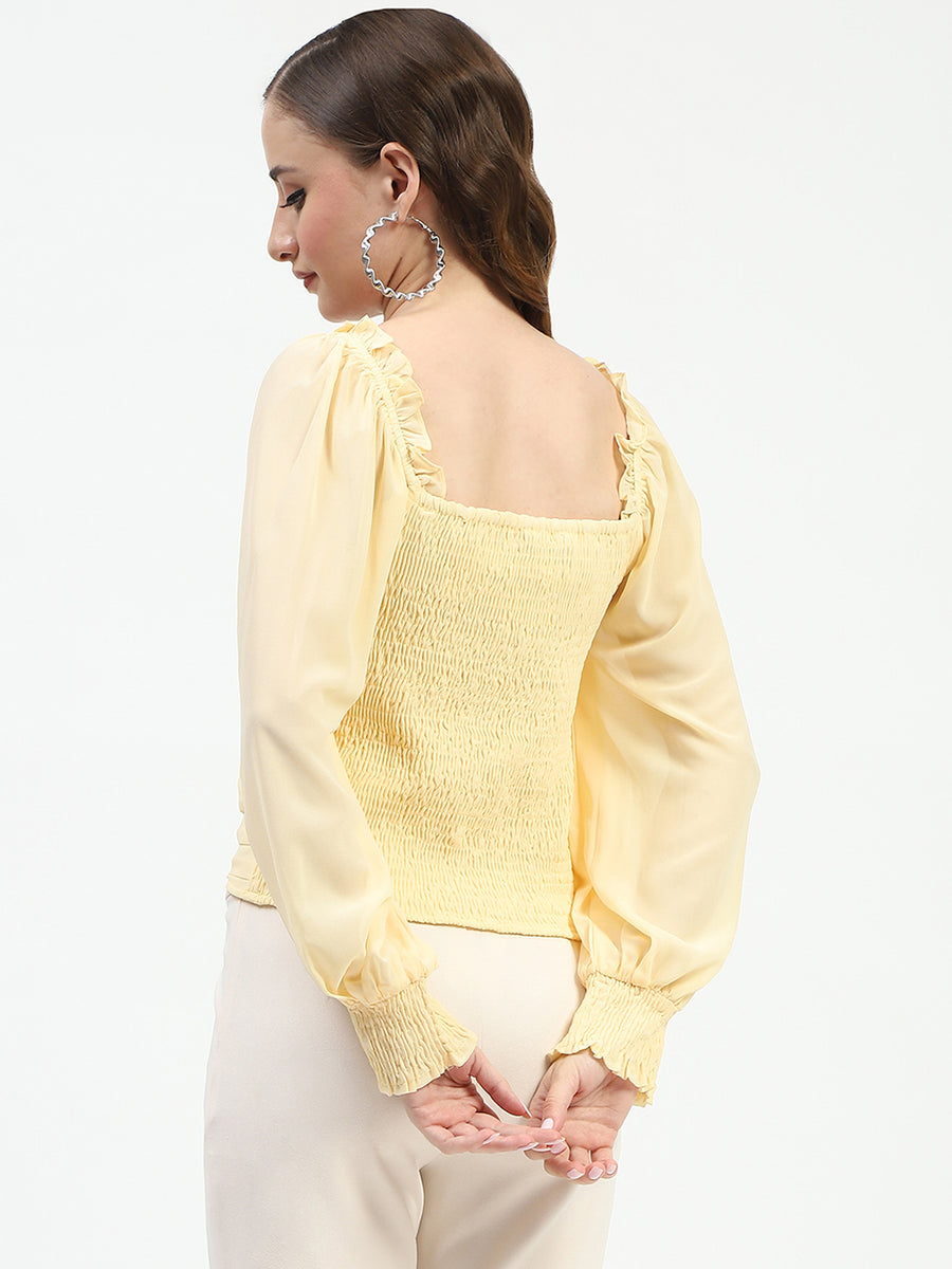 Madame Ruched Layered Square Neck Bishop Sleeve Yellow Top