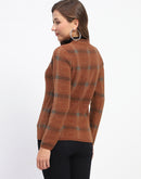 Madame Striped Brown V-Neck Buttoned Cardigan