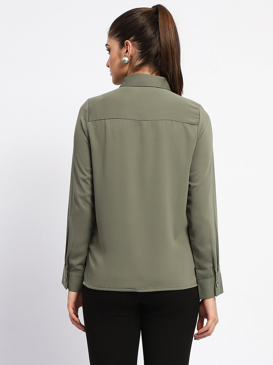 Madame Solid Green Cuff Sleeve Shirt