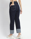 Madame Rolled Hem Straight Fit Solid Dark Blue Cotton Denim