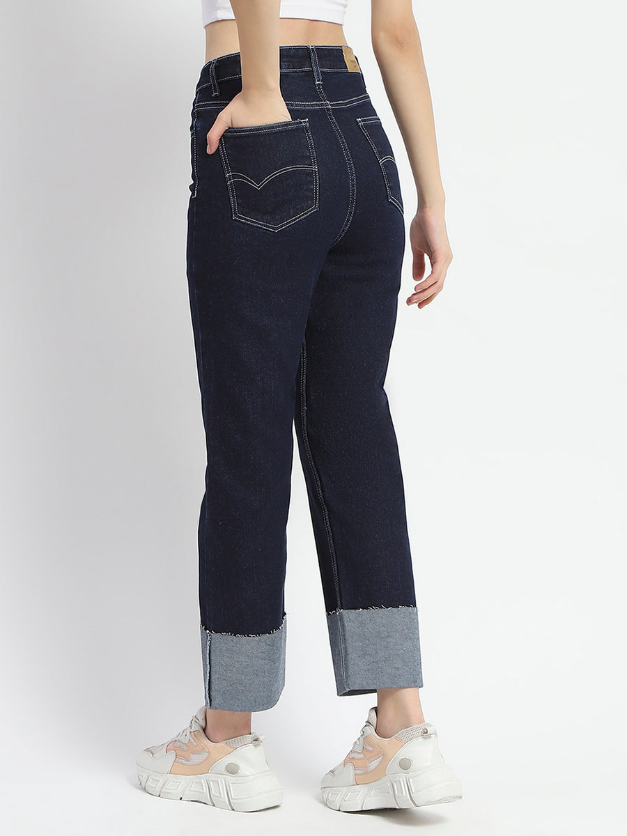 Madame Rolled Hem Straight Fit Solid Dark Blue Cotton Denim