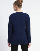 Madame Solid Navy Blue Cable Knit Full Sleeve Cardigan