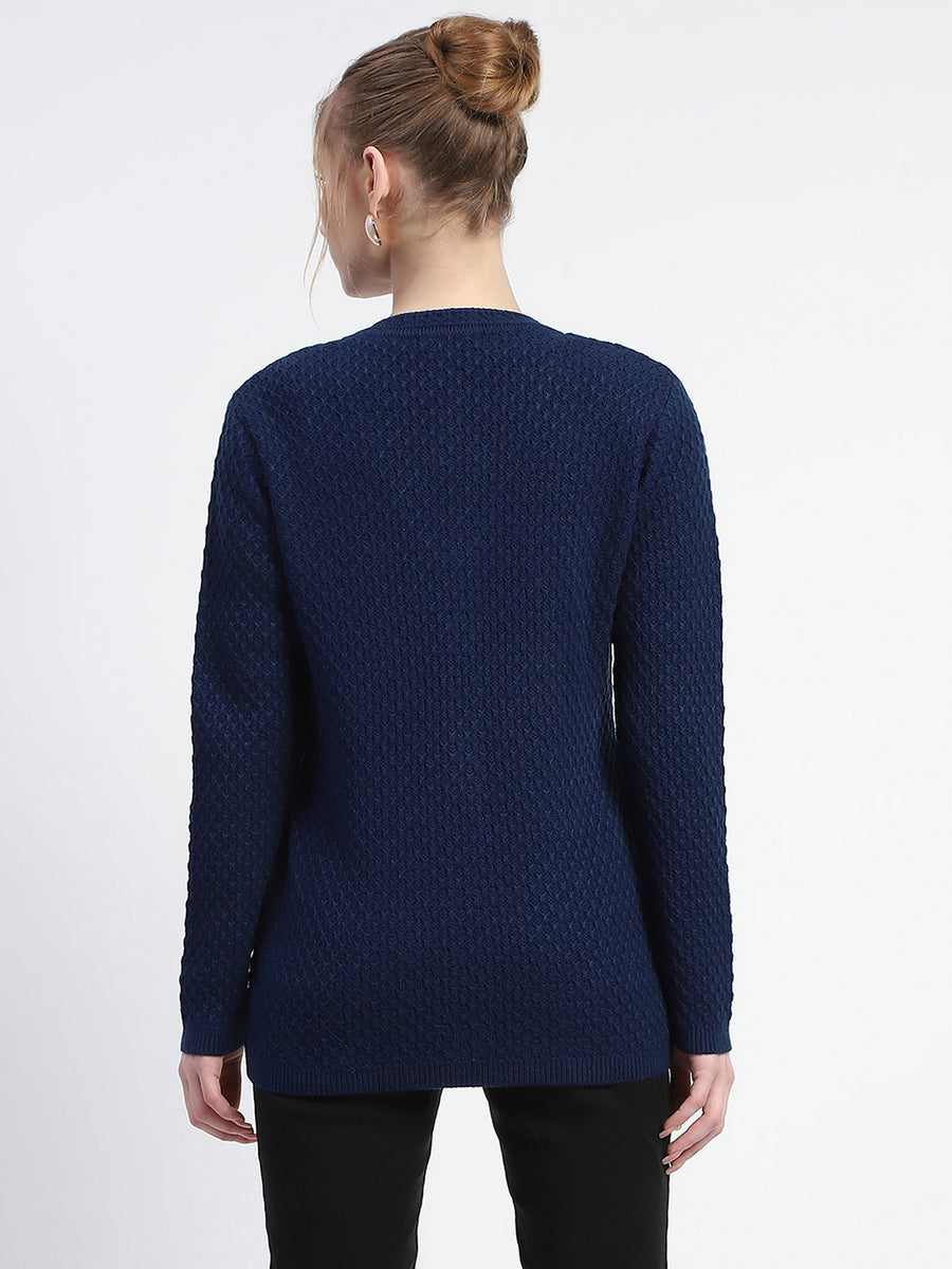 Madame Solid Navy Blue Cable Knit Full Sleeve Cardigan