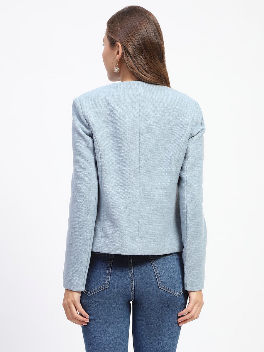 Madame Blue Crew Neck Buttoned Short Coat