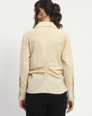 Madame Ruched Waist Wing Necked Solid Beige Cotton Shirt