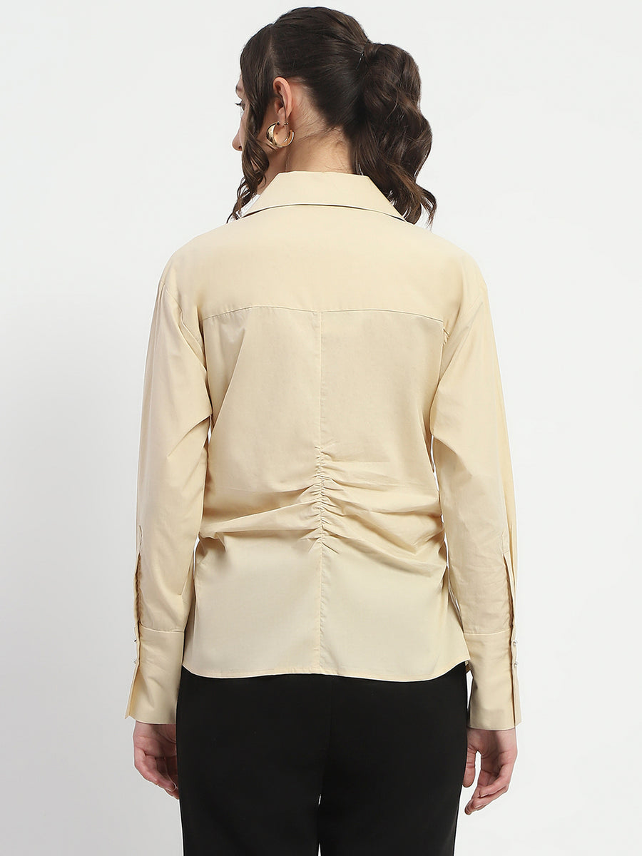 Madame Ruched Waist Wing Necked Solid Beige Cotton Shirt