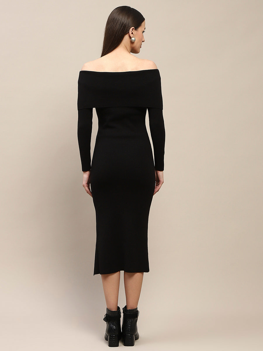 Madame Off Shoulder Side Slit Black Bodycon Midi Dress