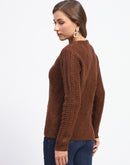 Madame Ribbed Cuff Geometric Pattern Brown Cardigan