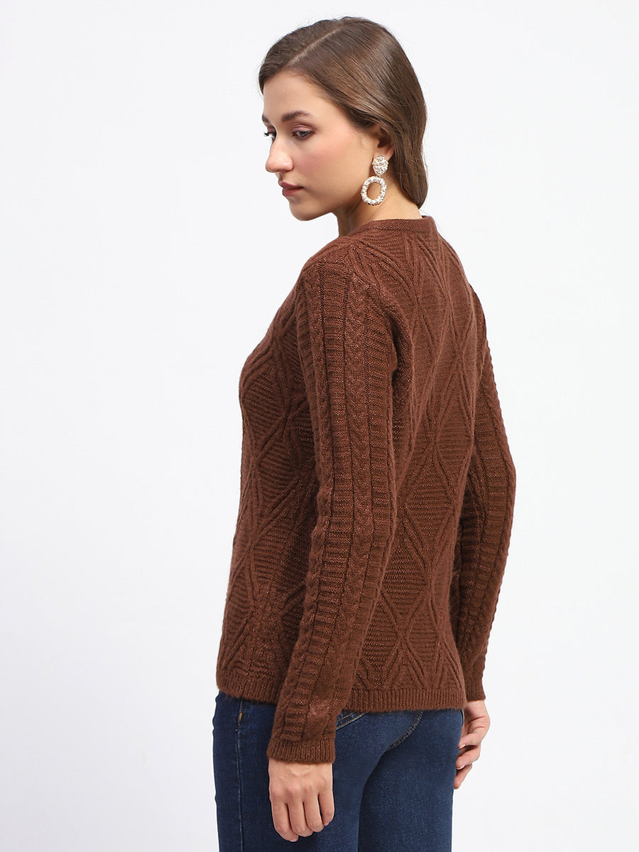 Madame Ribbed Cuff Geometric Pattern Brown Cardigan