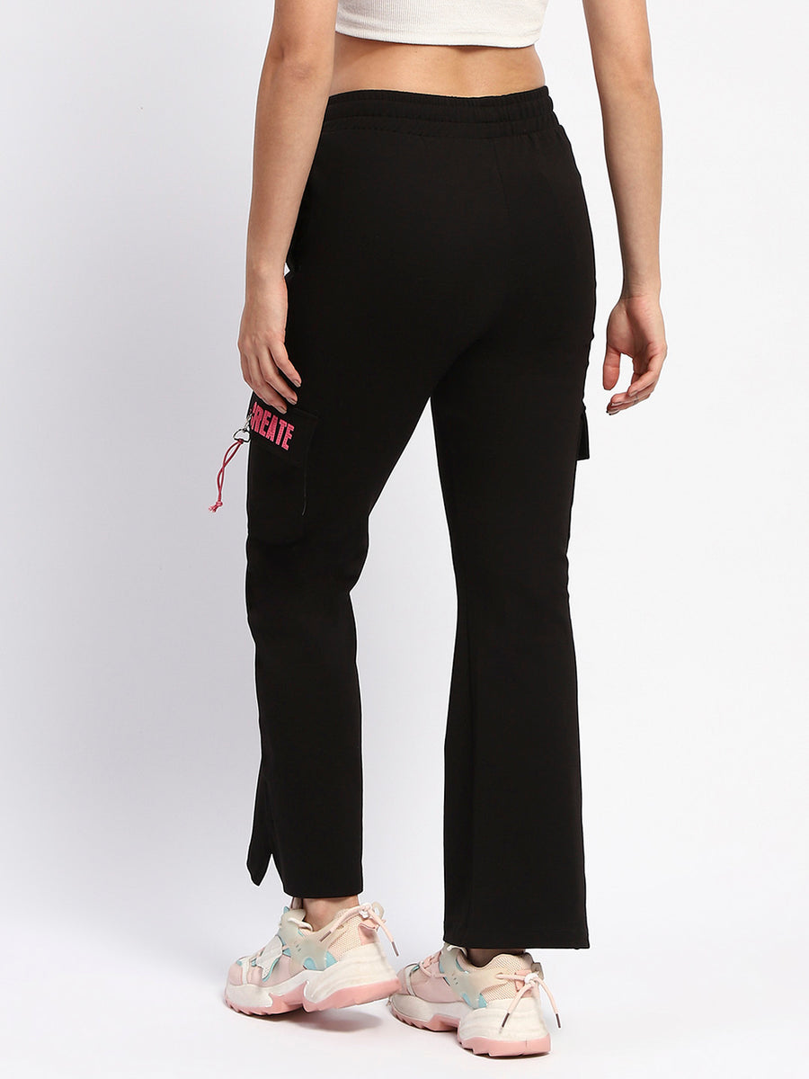 mSECRET Flap Patch Cotton Solid Black Wide Leg Trousers