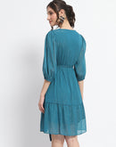 Madame Shimmery Tiered Belted Waist Teal Midi Dress