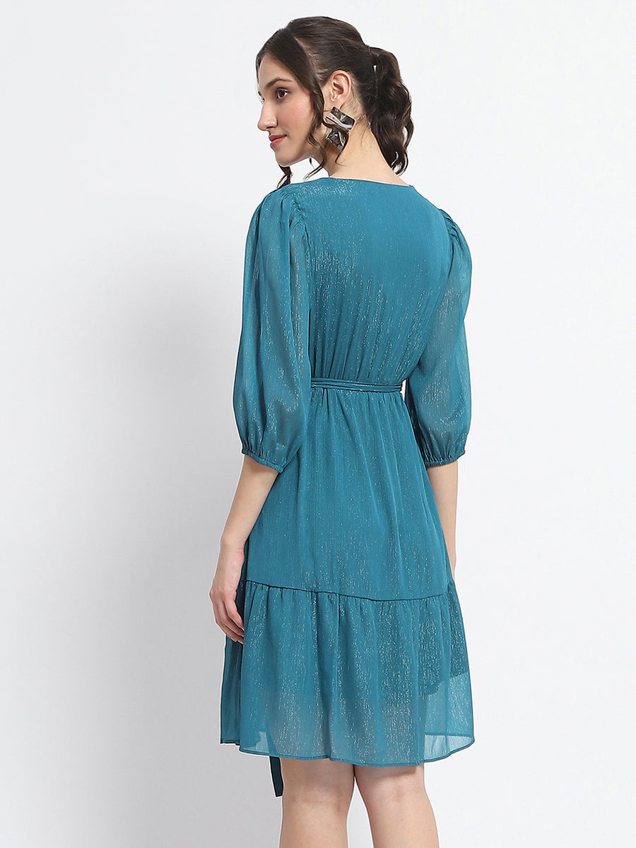 Madame Shimmery Tiered Belted Waist Teal Midi Dress