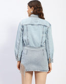 Madame Embellished Collar Blue Denim Jacket