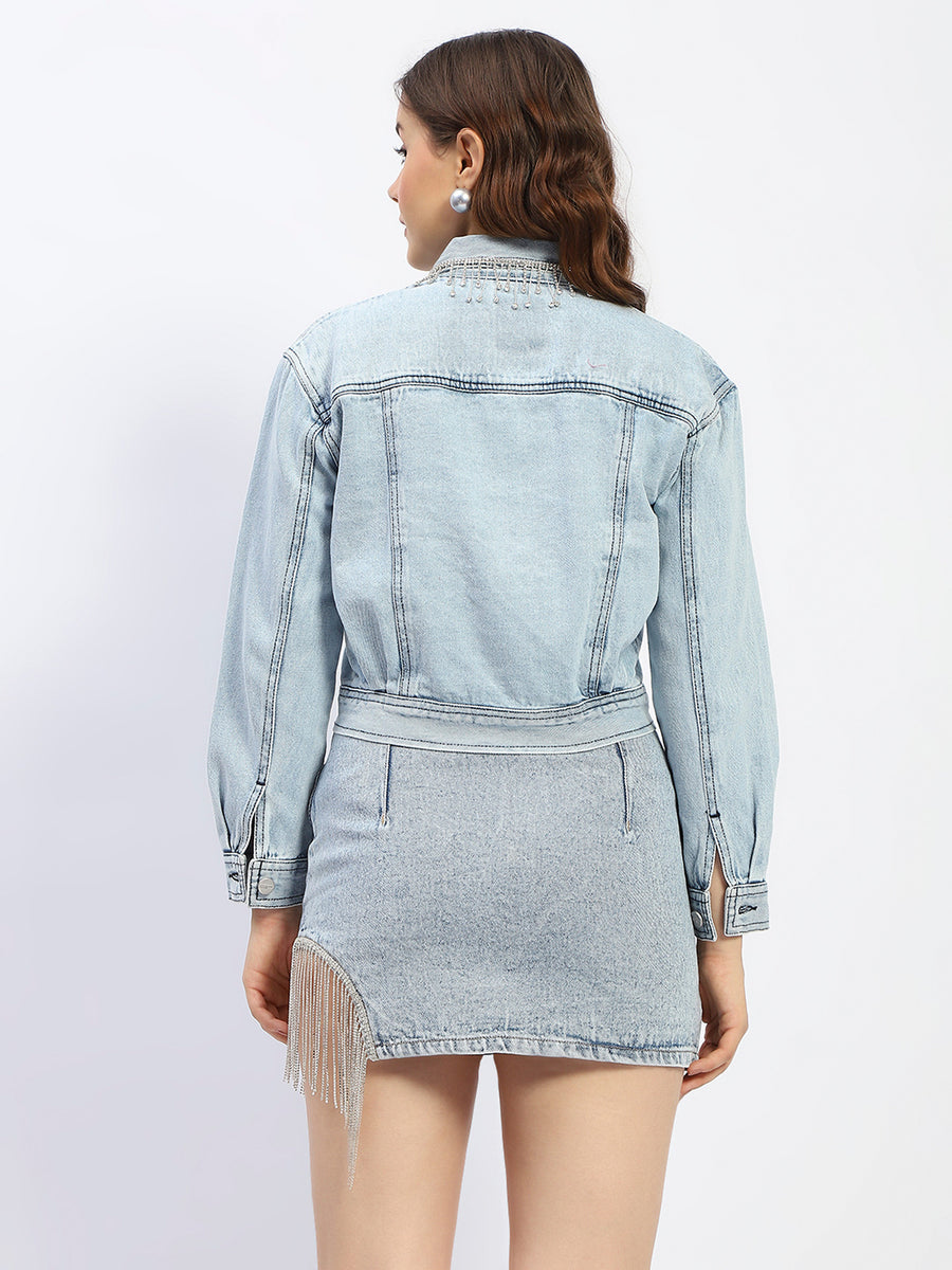 Madame Embellished Collar Blue Denim Jacket