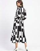 Madame Viscose Chessboard Print Cinched Waist Black Dress