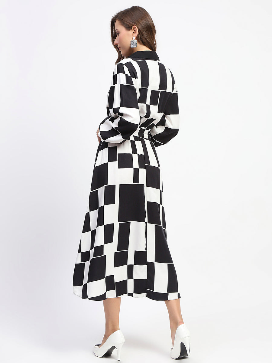 Madame Viscose Chessboard Print Cinched Waist Black Dress