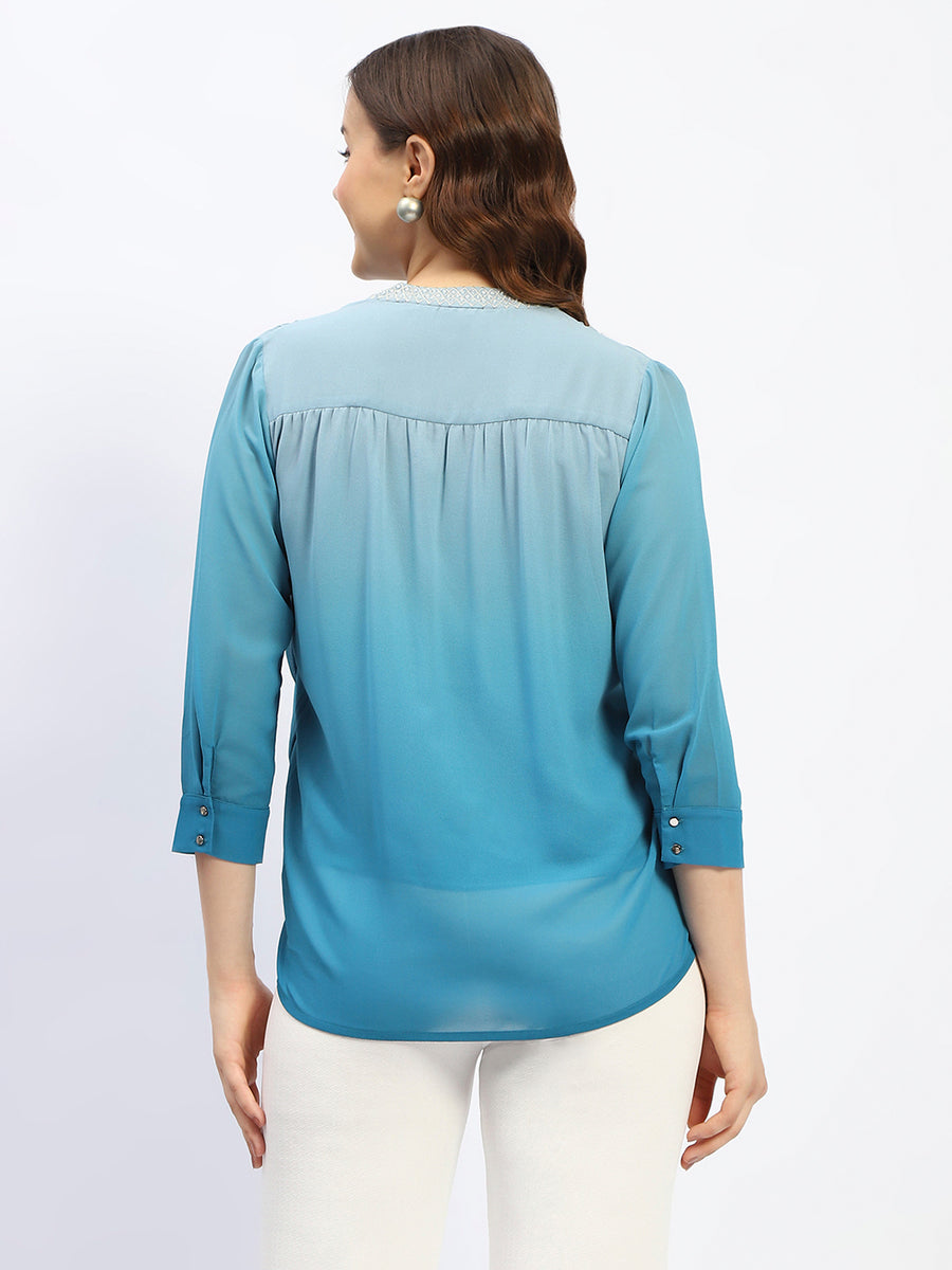 Madame Ombre Teal Mandarin Neck Drape Top