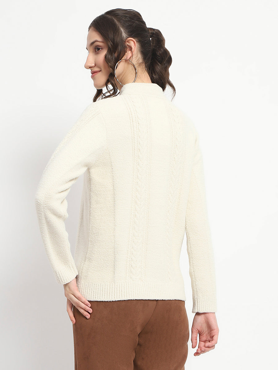 Madame Button Down Cable Knit Solid Beige Cardigan