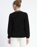 Madame Colorful Embroidered Trim V-Neck Black Cardigan