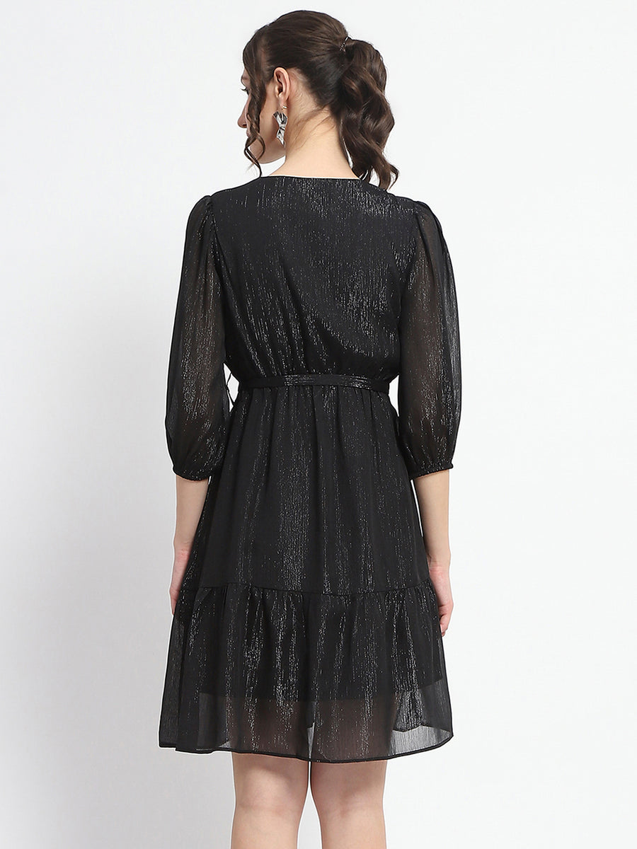 Madame Shimmery Tiered Belted Waist Black Midi Dress