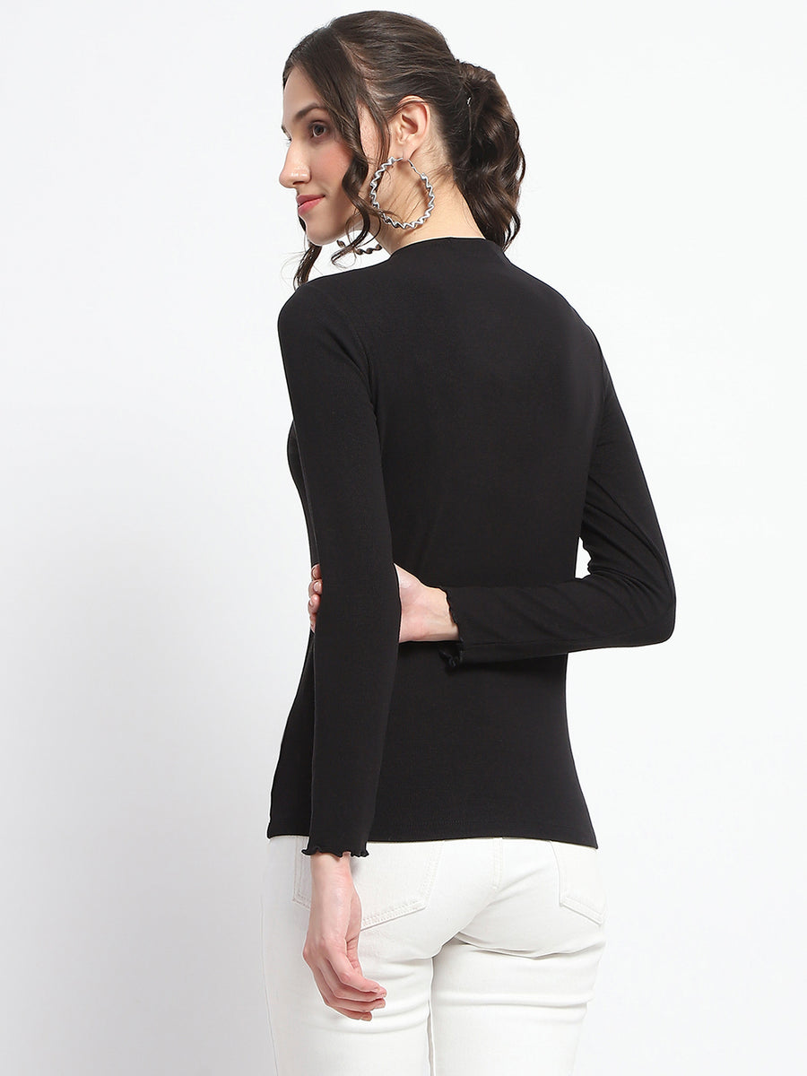 Madame High Neck Full Sleeve Solid Black Top