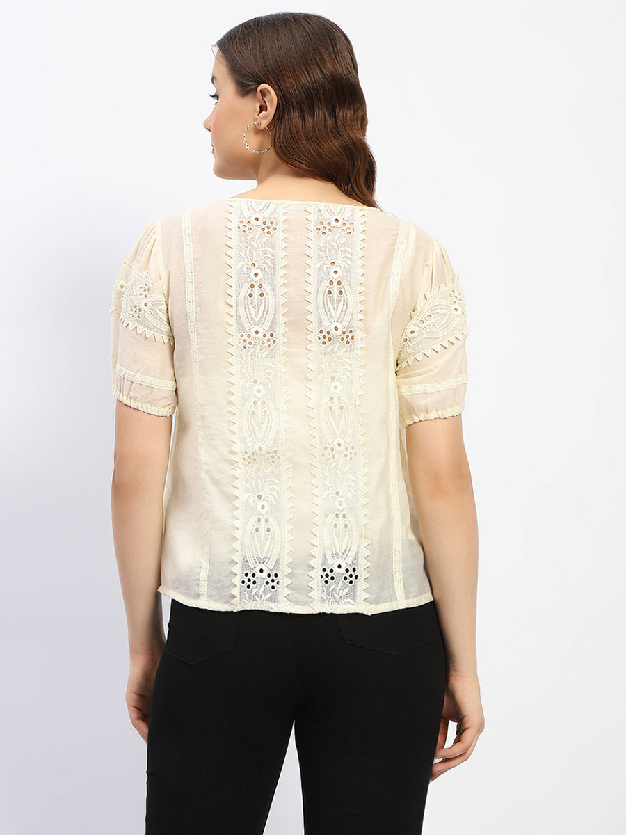 Madame Semi Sheer Off White Laced Cotton Top