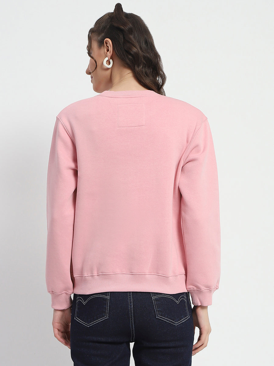 Madame Solid Light Pink Crew Neck Cotton Sweatshirt